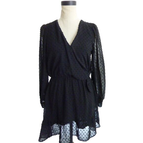 Zara Black Textured Dot Faux Wrap Dress Size XS Sheer Chiffon Long Sleeve - Picture 1 of 7